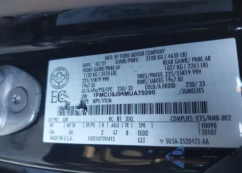 2021 Ford Escape Titanium из США, поврежденный, VIN 1FMCU9J98MUA75090